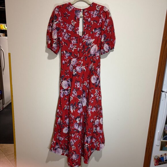 Anthropologie Maeve Red Floral Puff Sleeve Midi Dress - Picture 14 of 16
